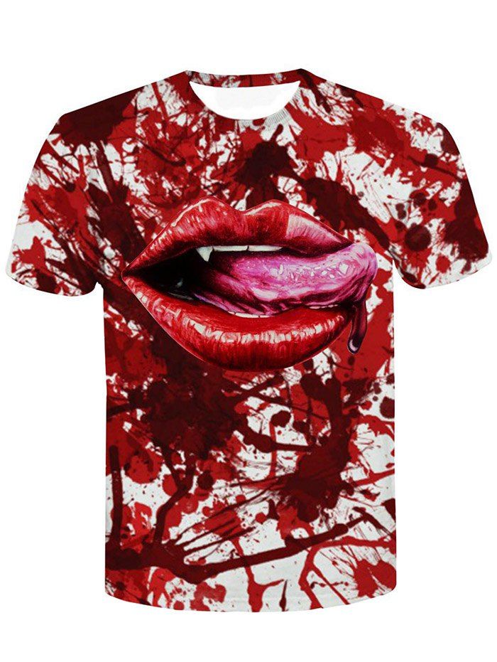 

Horrific Lips Print Short Sleeve Tee, Red wine