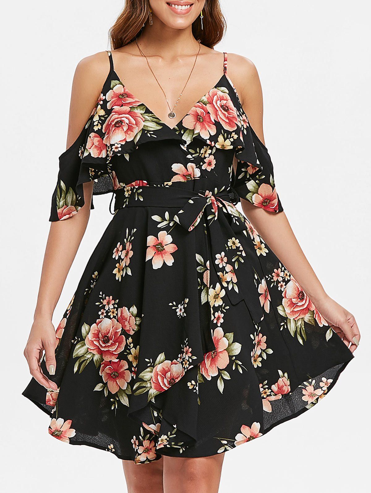 

Cold Shoulder Floral Print Belted Dress, Black