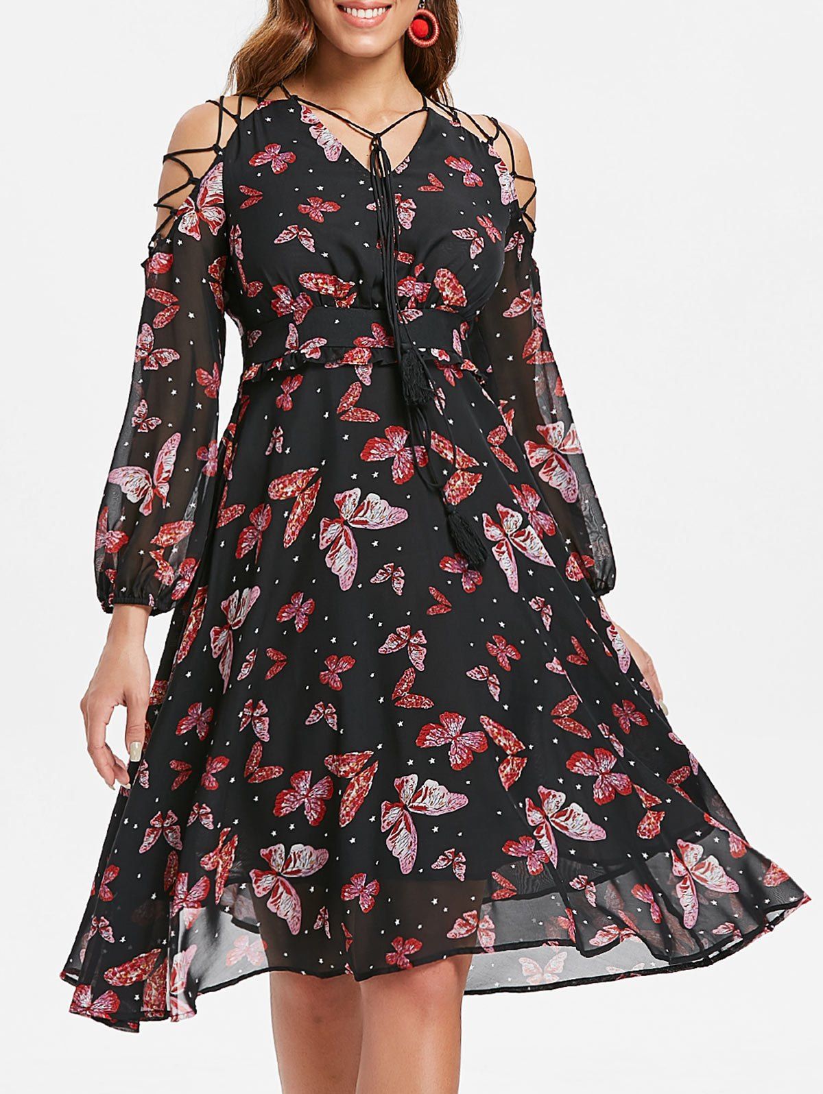

Butterfly Print Lace Up A Line Dress, Black