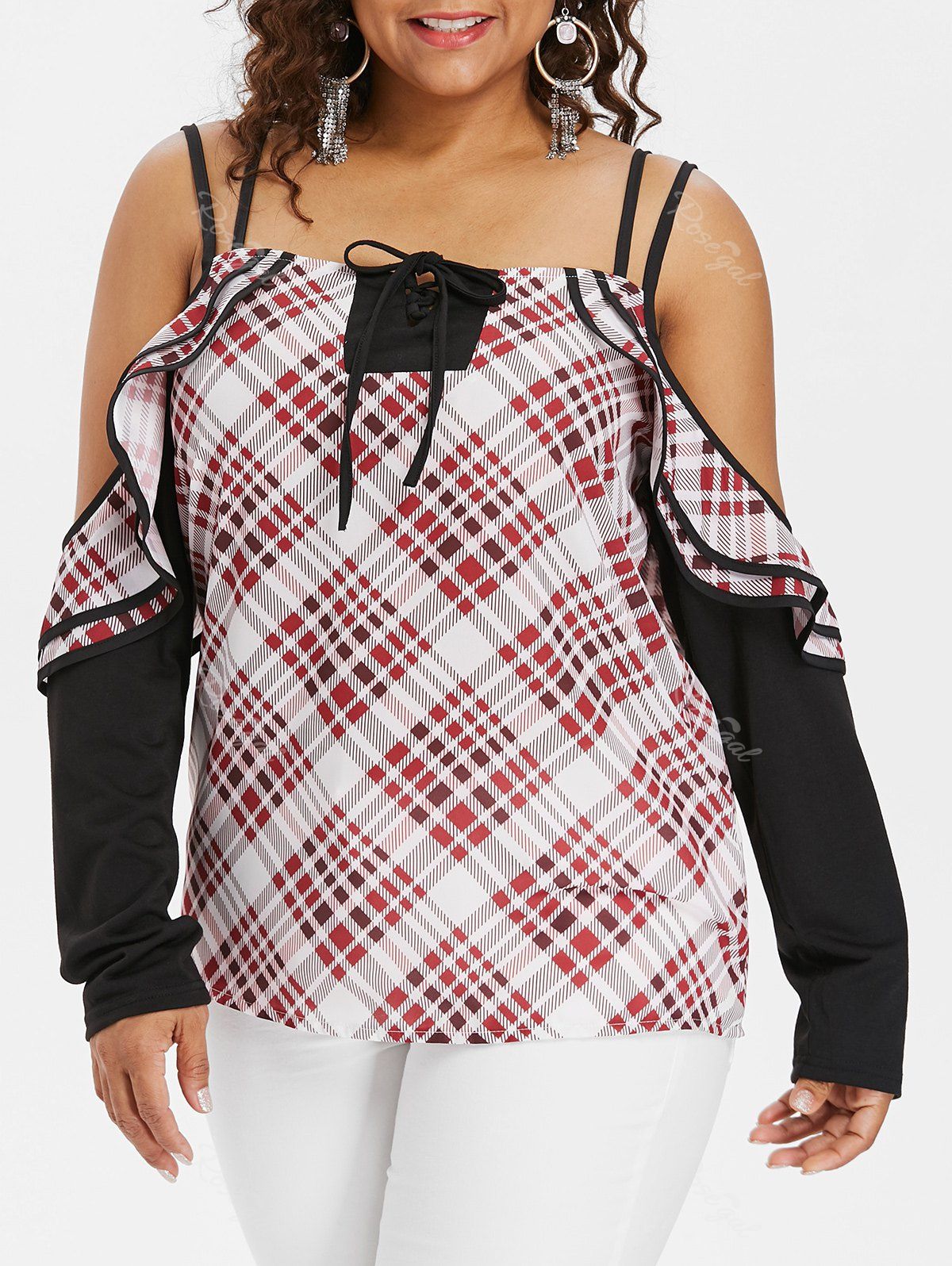 

Plus Size Lace Up Plaid Blouse, Red wine