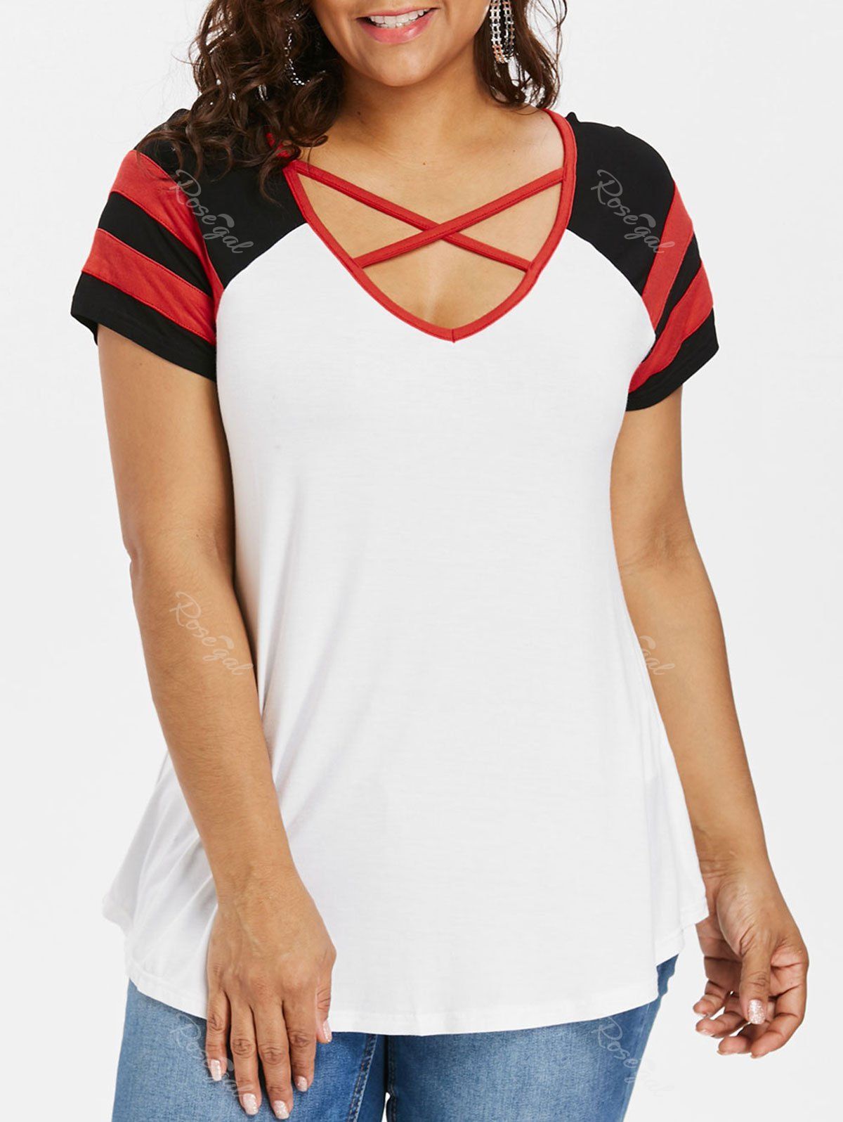 

Plus Size Striped V Neck T-shirt, White