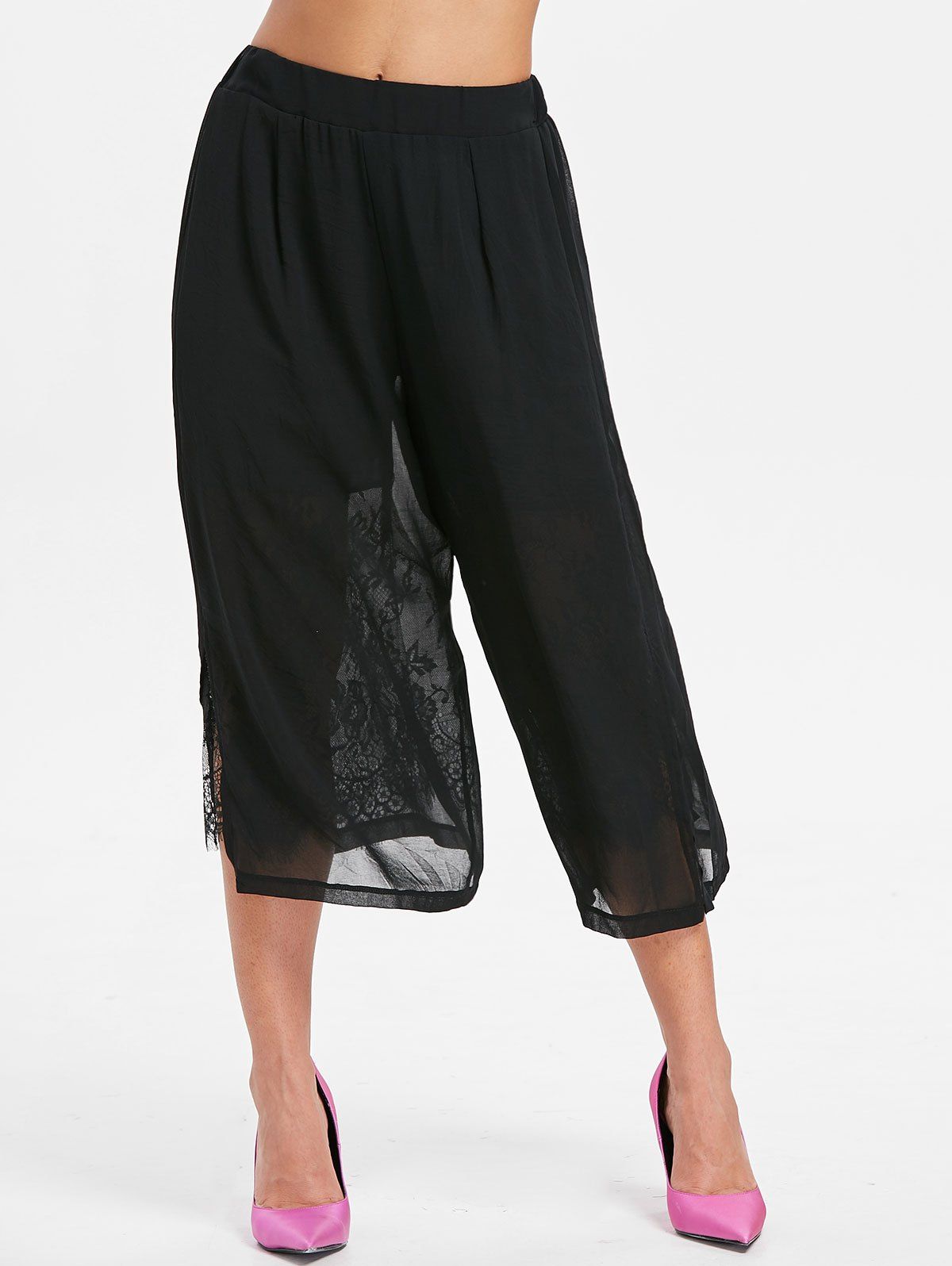 

High Rise Lace Insert Chiffon Pants, Black
