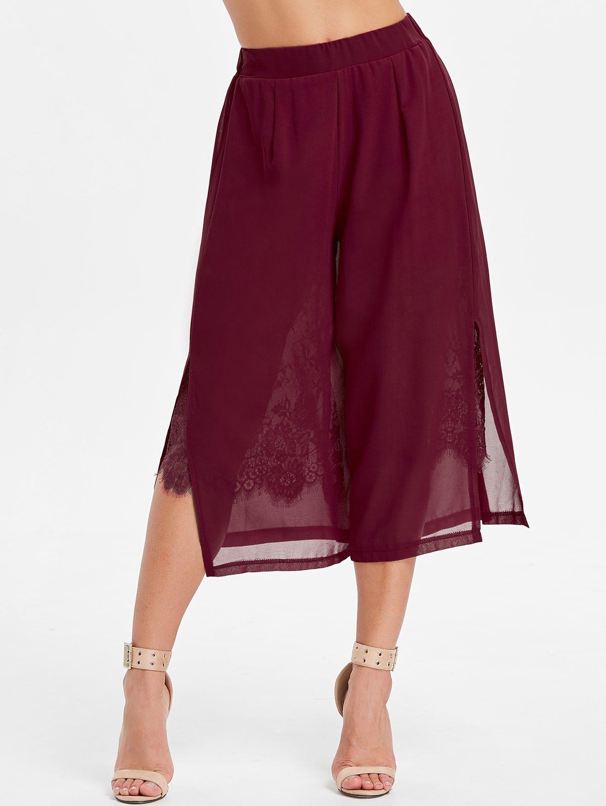 

High Rise Lace Insert Chiffon Pants, Red wine