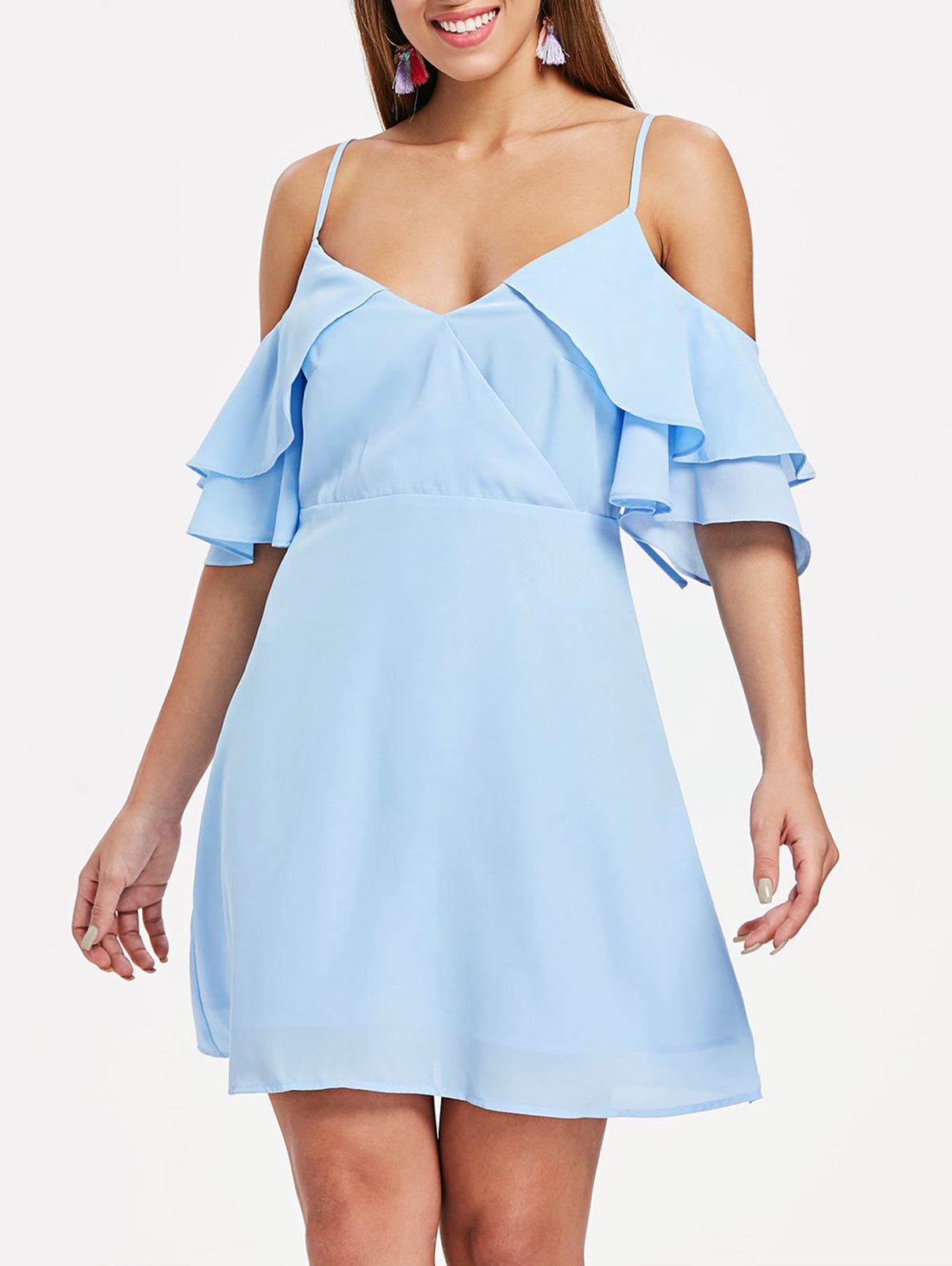 

Ruffle Insert Back Cut Out A Line Dress, Light sky blue