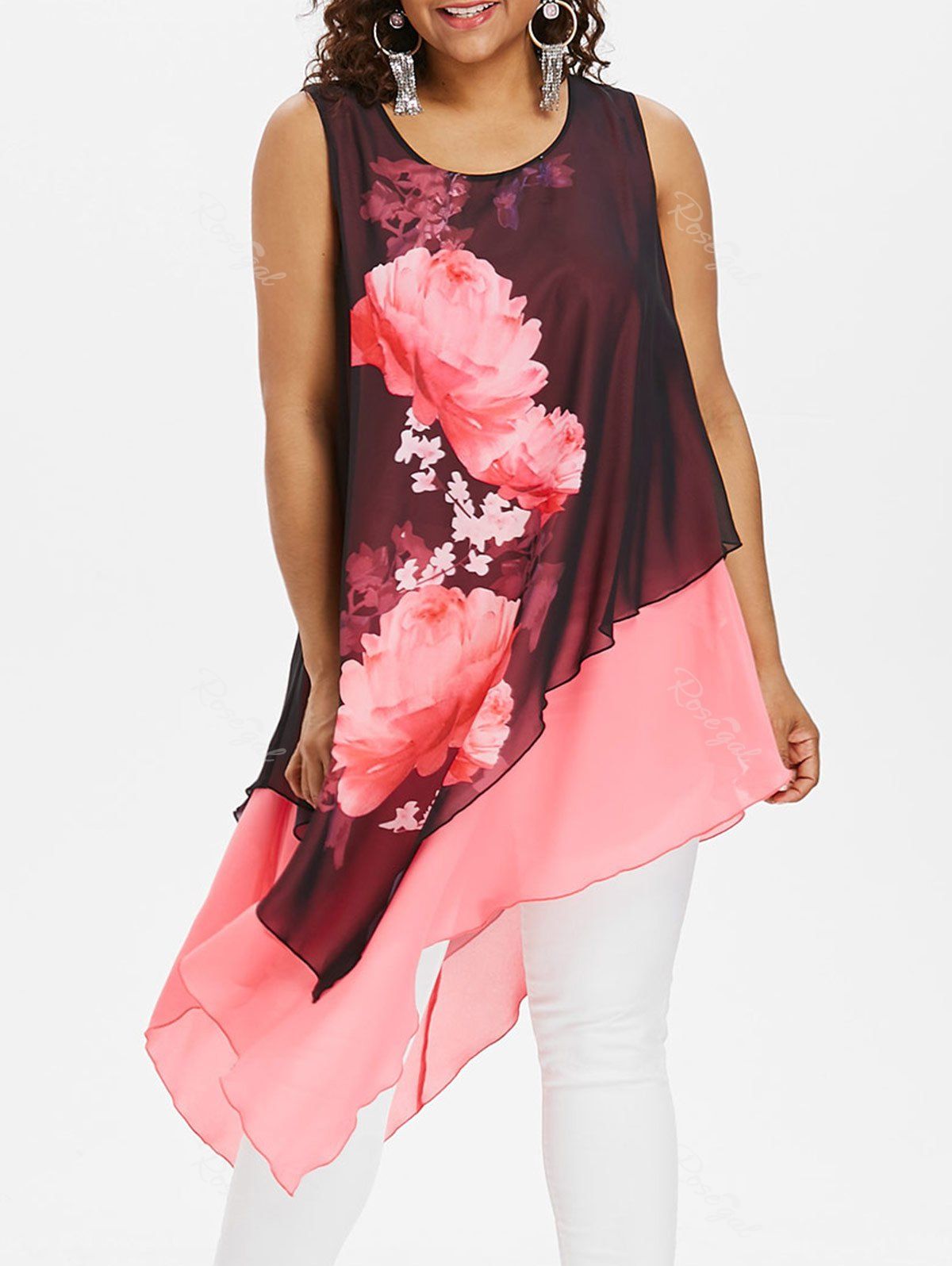 

Plus Size Floral Sleeveless Longline Blouse, Light pink