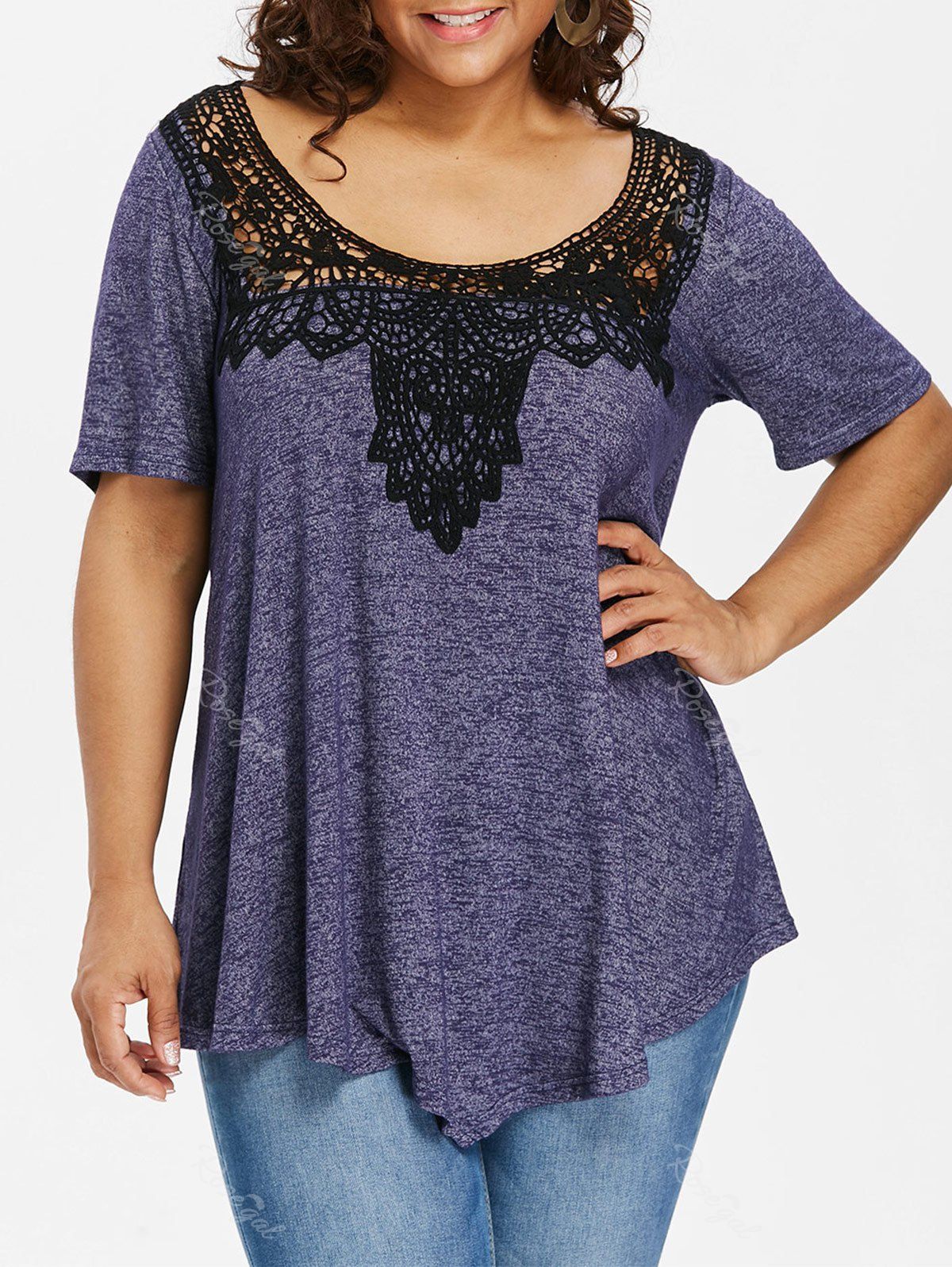 

Plus Size Crochet Lace Swing T-shirt, Deep blue
