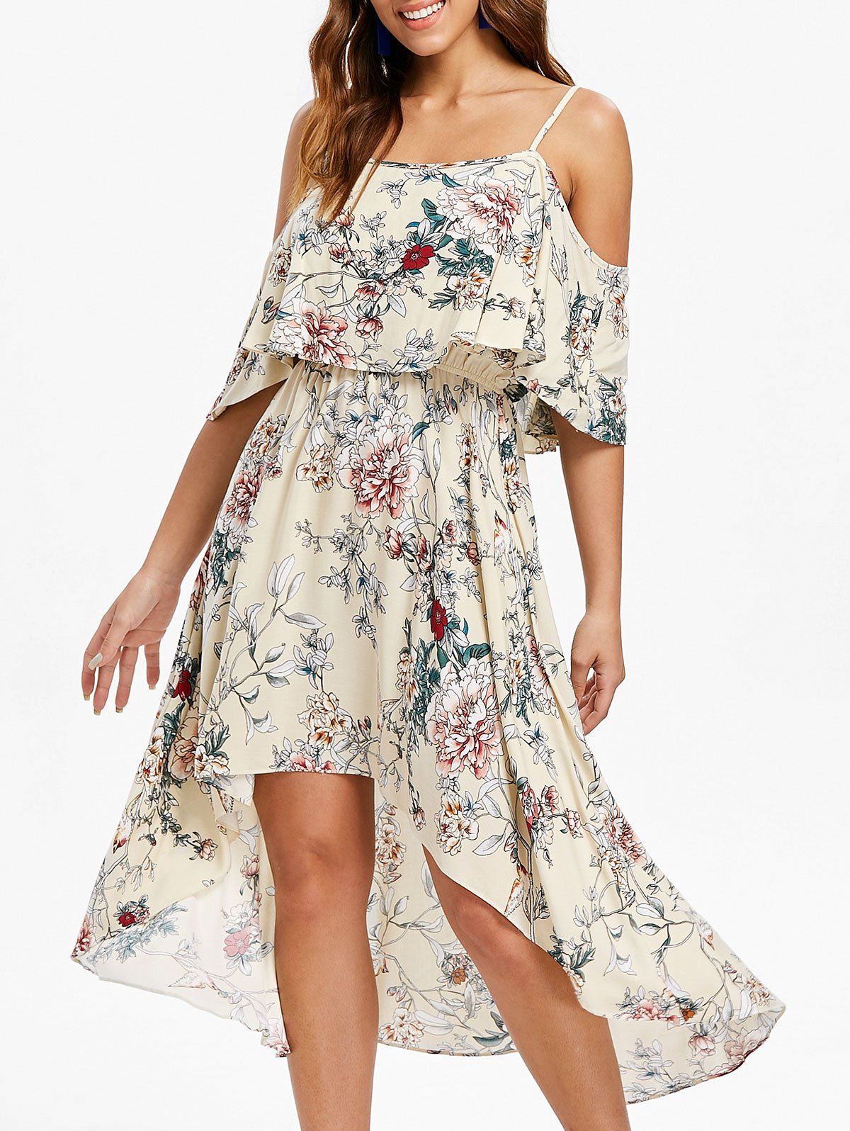 

Print Cold Shoulder Flounce Dress, Beige