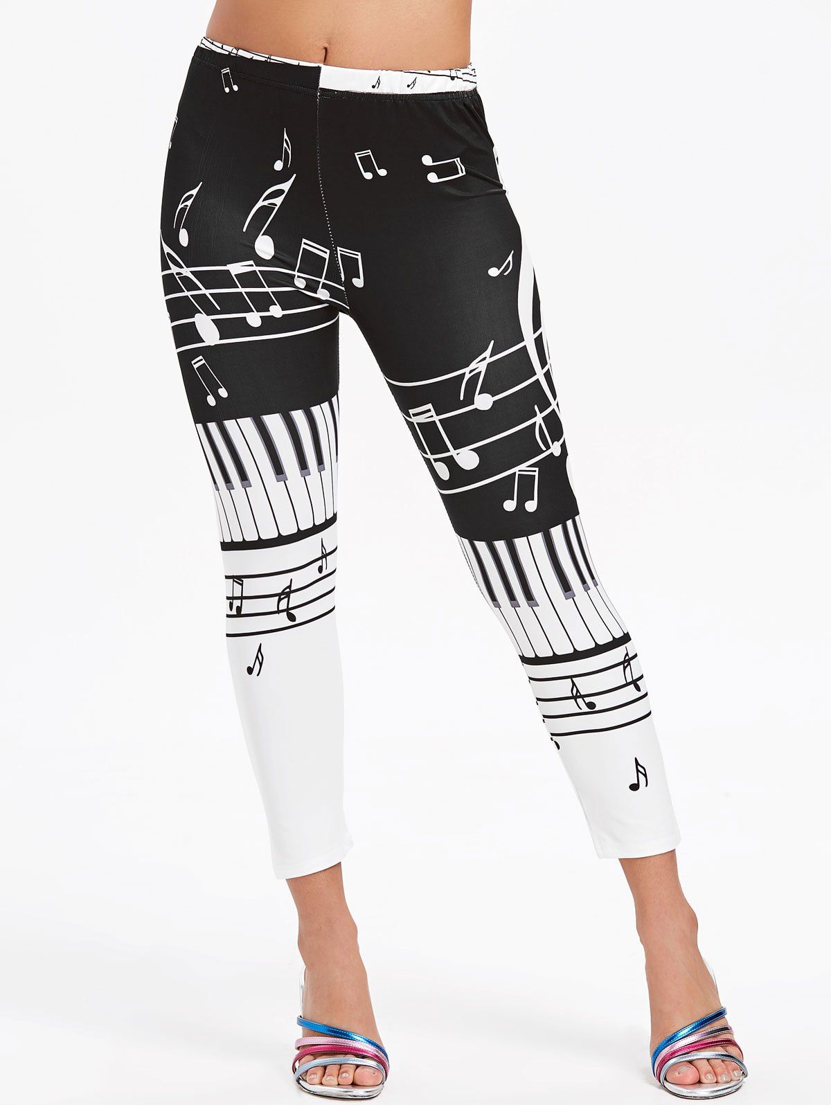 

Music Notes Print Elastic Waisted Leggings, Black