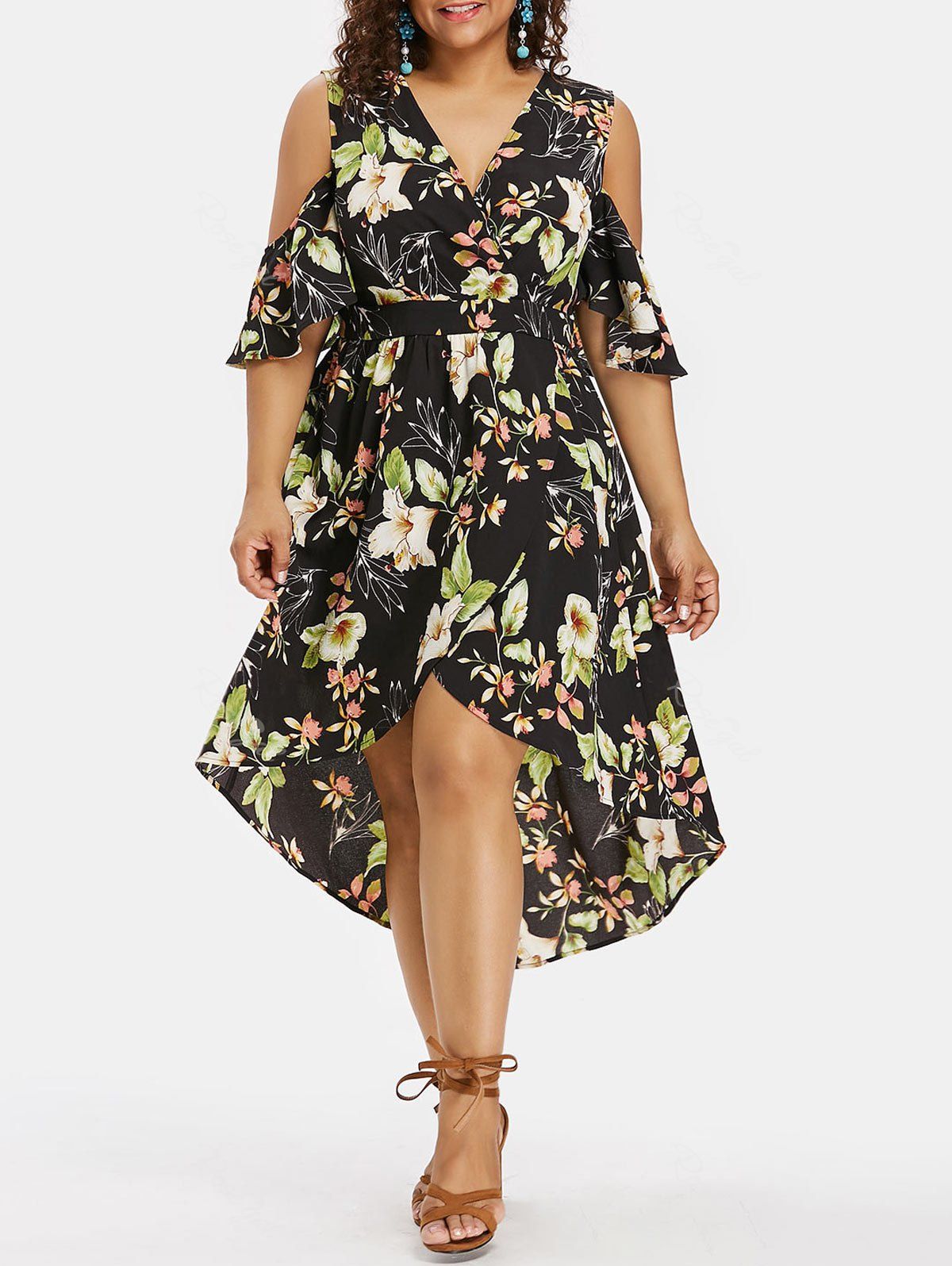 

Cold Shoulder Plus Size Floral Print High Low Dress, Black