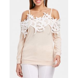 

Lace Brim Cold Shoulder Cuff Sleeve T-shirt, Warm white