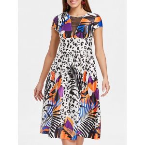 

Mesh Panel Printed Fit and Flare Dress, White