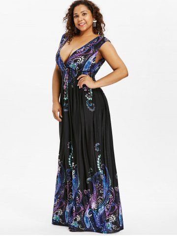 

Paisley Plunge Maxi Evening Dress for Plus Size, Cobalt blue