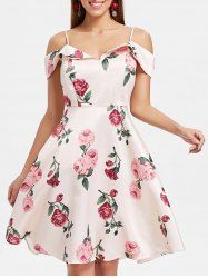 Floral Print Cold Shoulder A-Line Dress -  