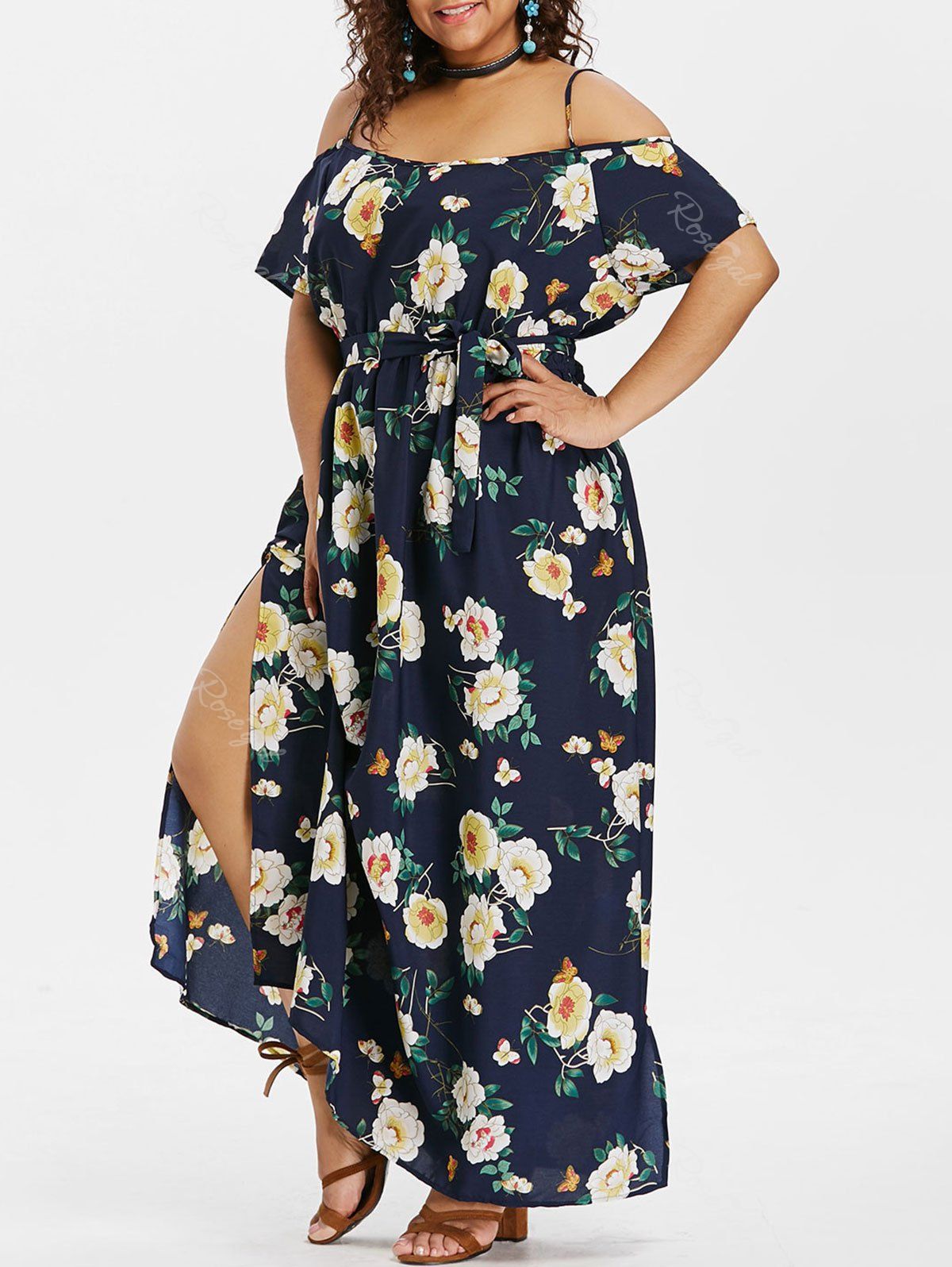 

Plus Size Floral Slit Belted Dress, Royal blue