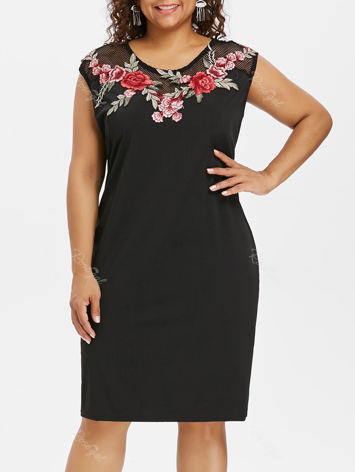 

Plus Size Embroidery Fishnet Yoke Sleeveless Dress, Black