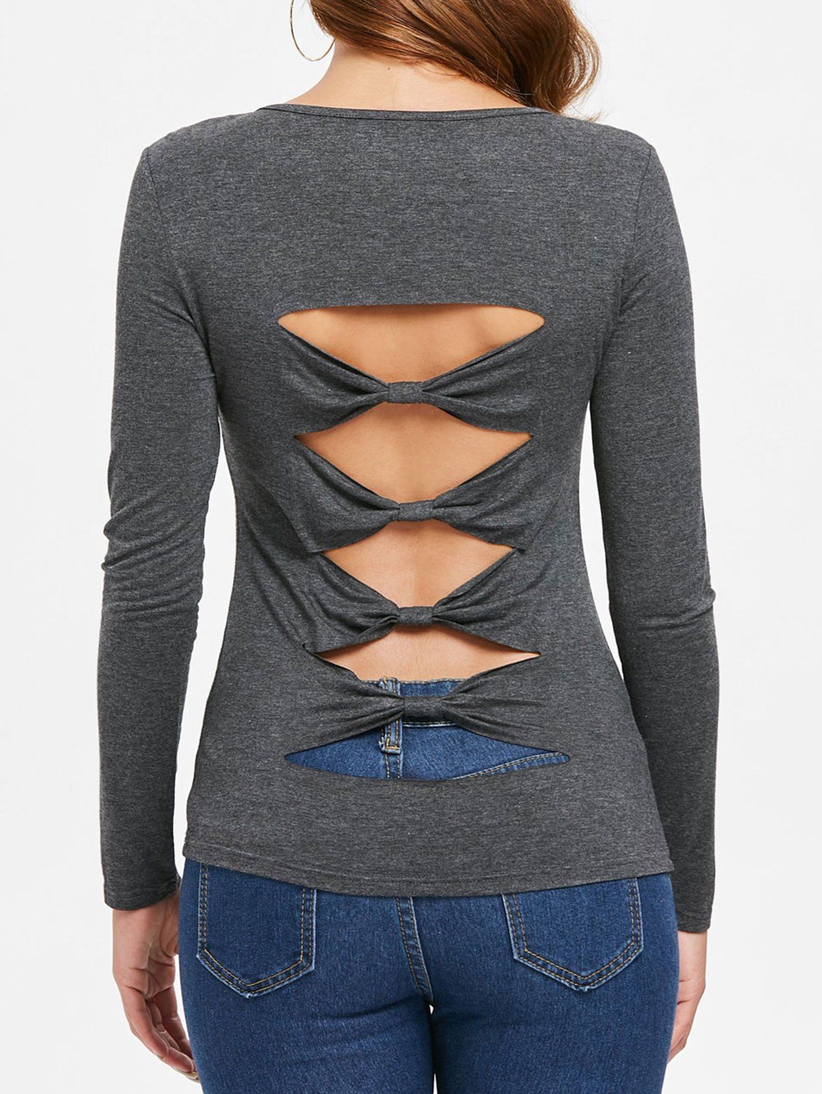 

Cut Out Bowknot Full Sleeve T-shirt, Dark gray