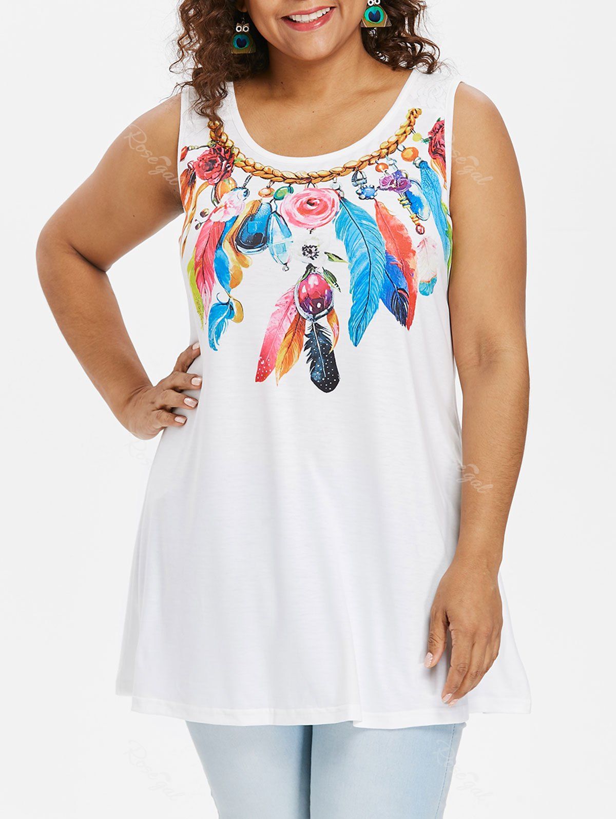 

Plus Size Feather Flower Tank Top, White