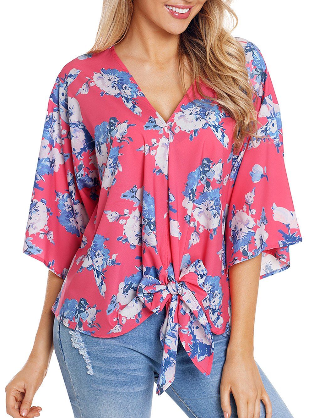

Knotted V Neck Printed Top, Deep pink