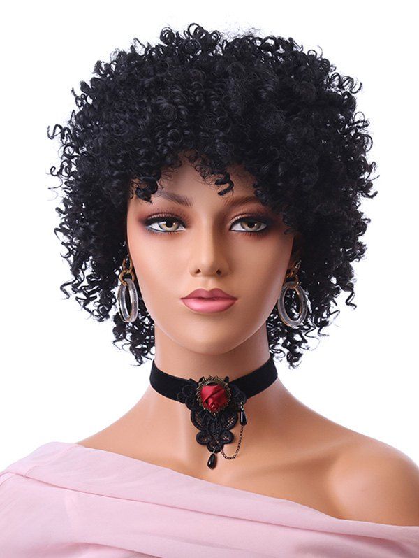 

Short Inclined Bang Afro Kinky Curly Synthetic Wig, Black