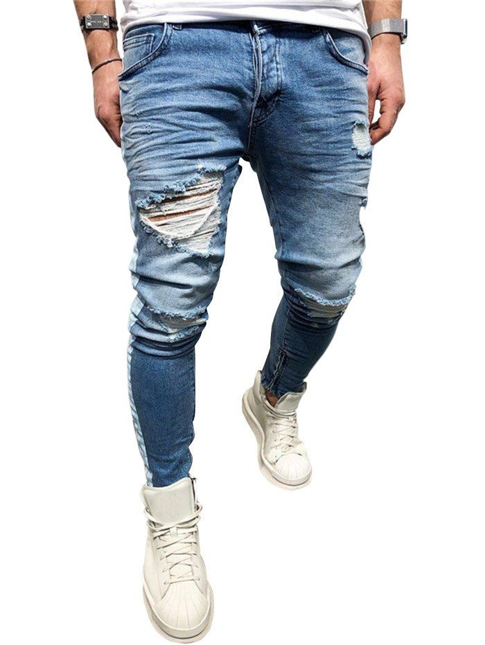 

Zip Hem Distressed Paint Stripe Jeans, Blue