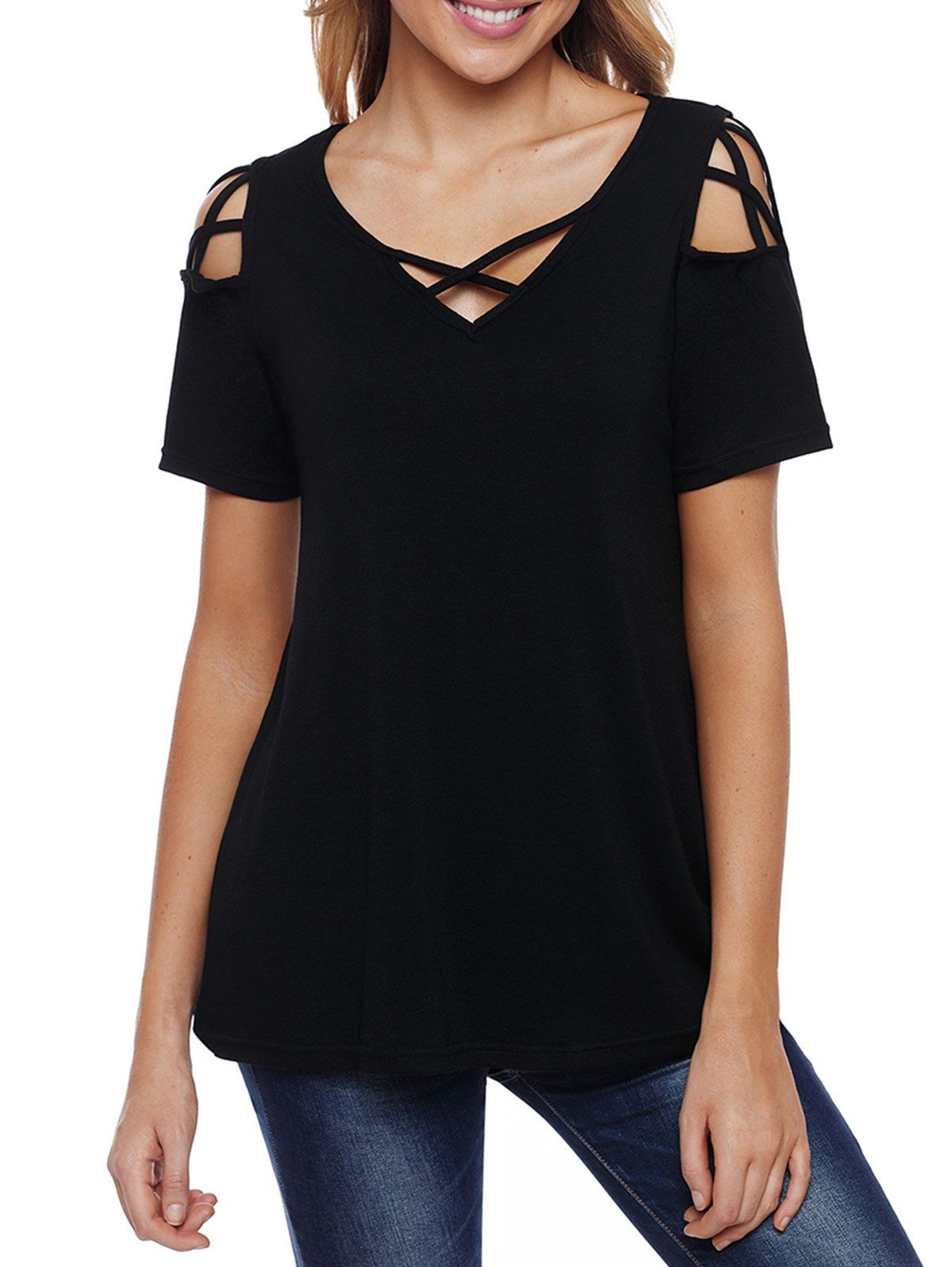 

V Neck Criss Cross Sleeve T-shirt, Black