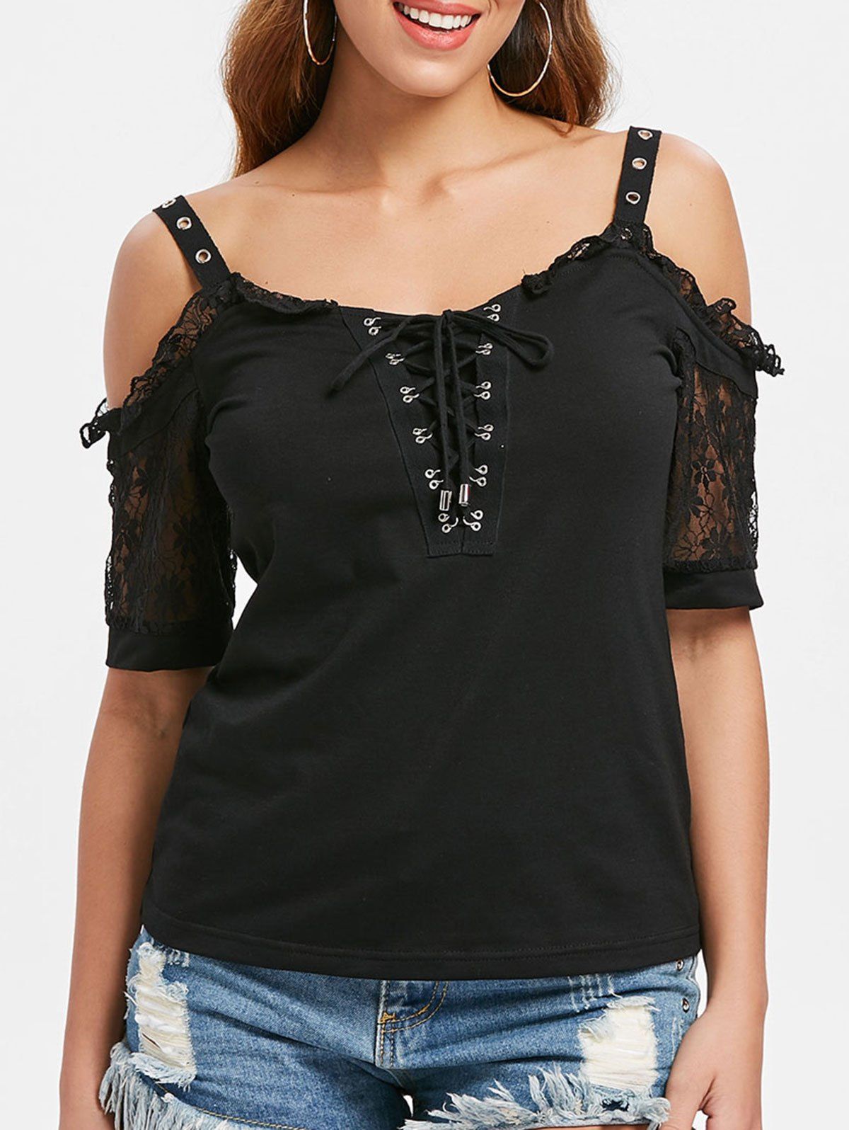 

Cold Shoulder Lace Up T-shirt, Black