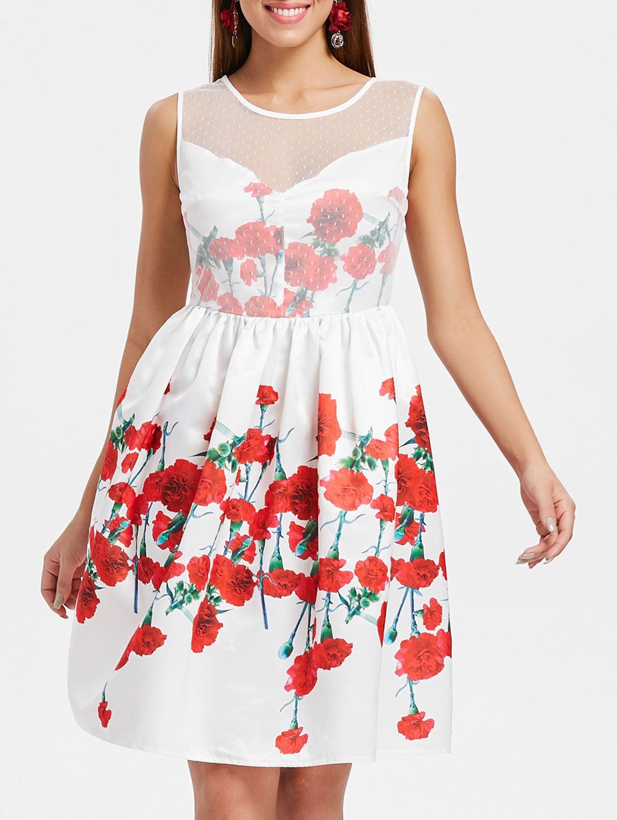 

Floral Print Mesh Insert Sleeveless Dress, White