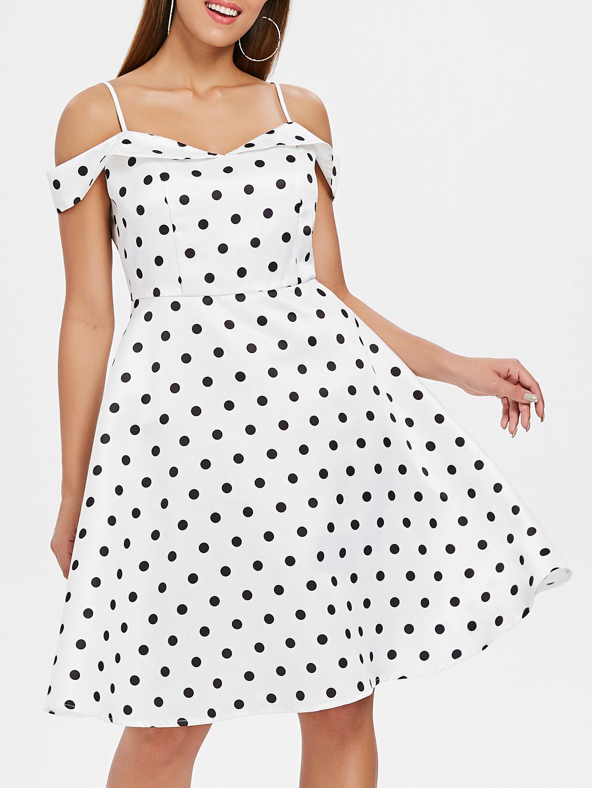 

Polka Dot Print Cold Shoulder Vintage Dress, Milk white