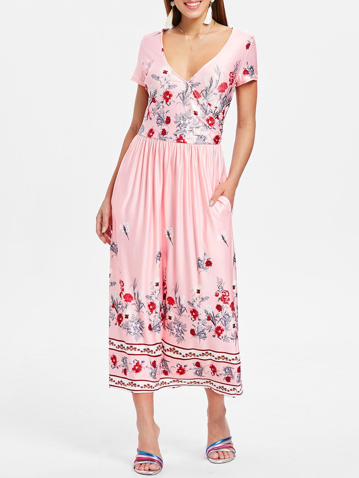 

Floral Print Surplice Neck Mid Calf Dress, Pink