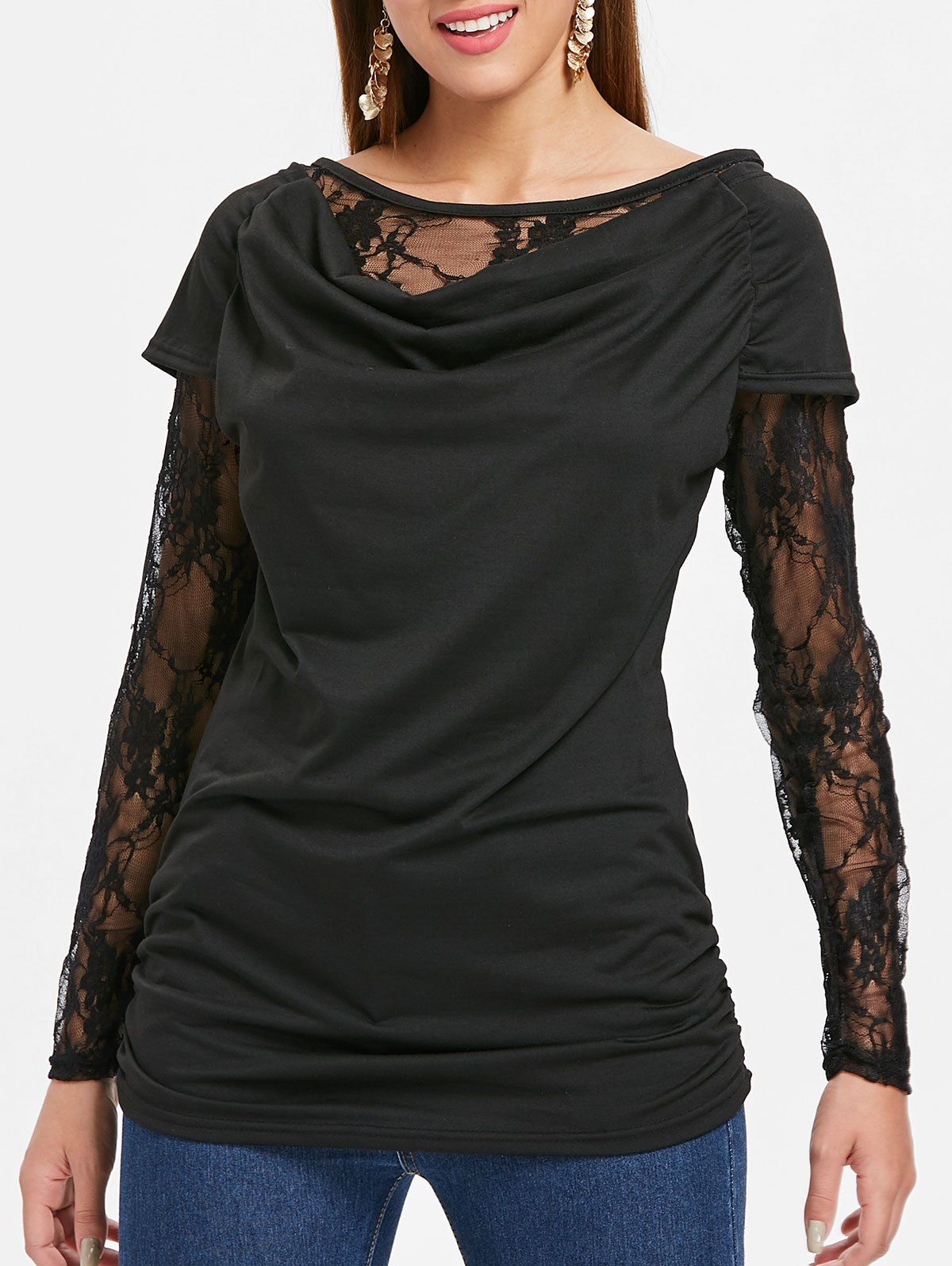 

Ruched Lace Long Sleeve T-shirt, Black