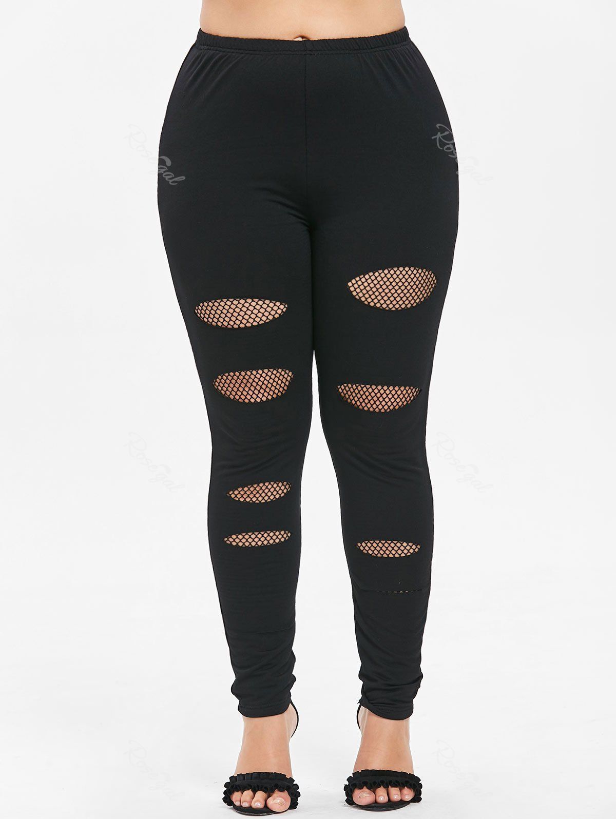 

Plus Size Fishnet Trim Holes Leggings, Black