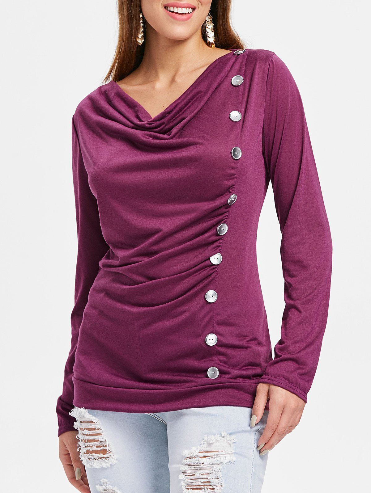 

Button Embellished Cowl Neck T-shirt, Purple
