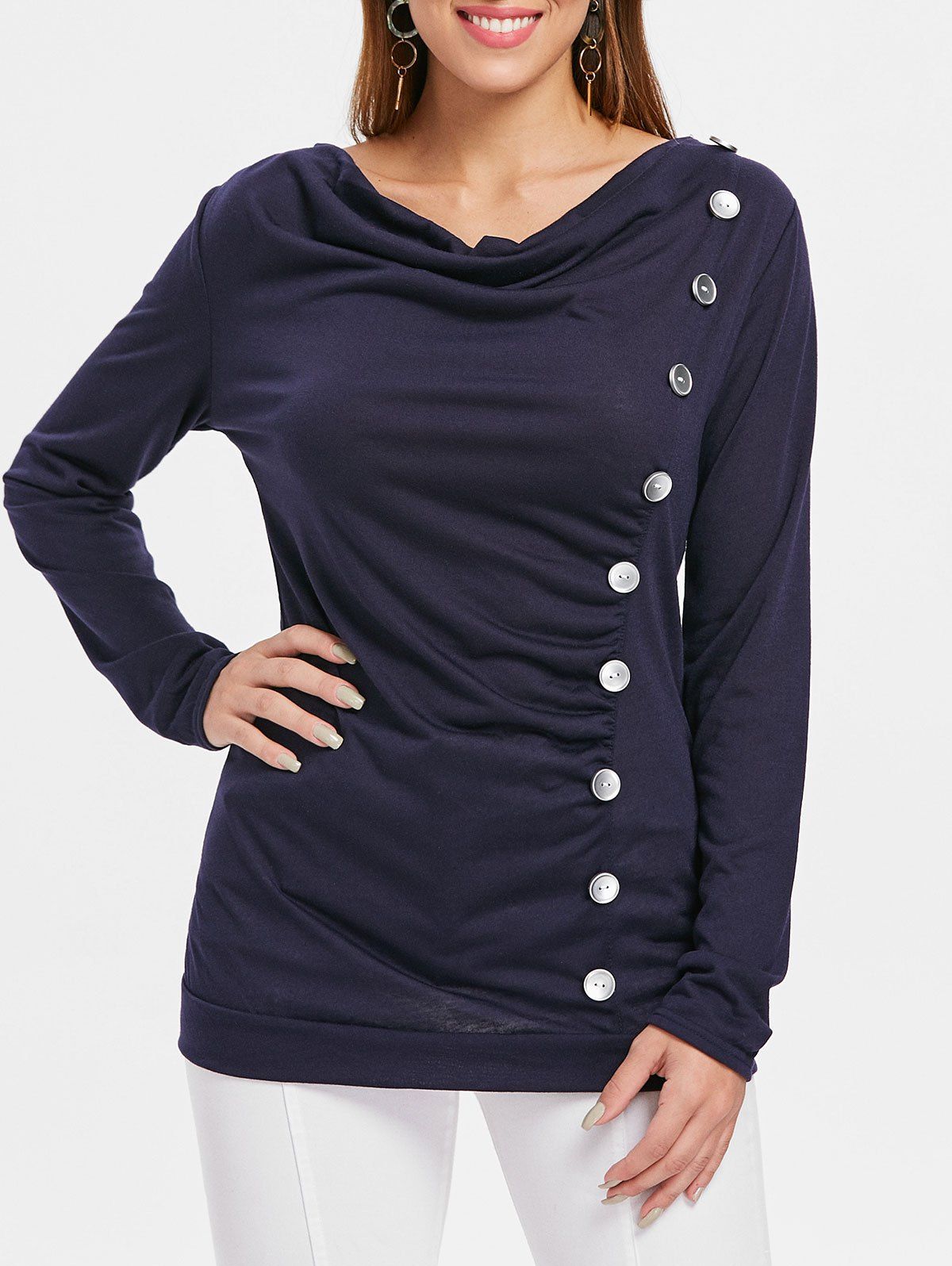 

Button Embellished Cowl Neck T-shirt, Deep blue