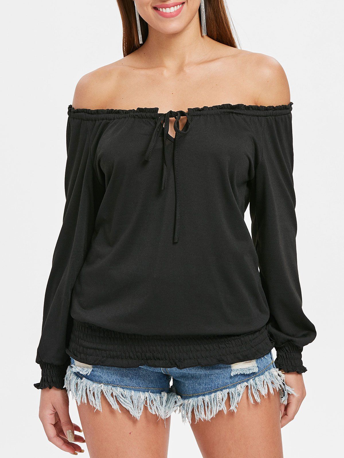 

Ruffle Trim Off The Shoulder T-shirt, Black