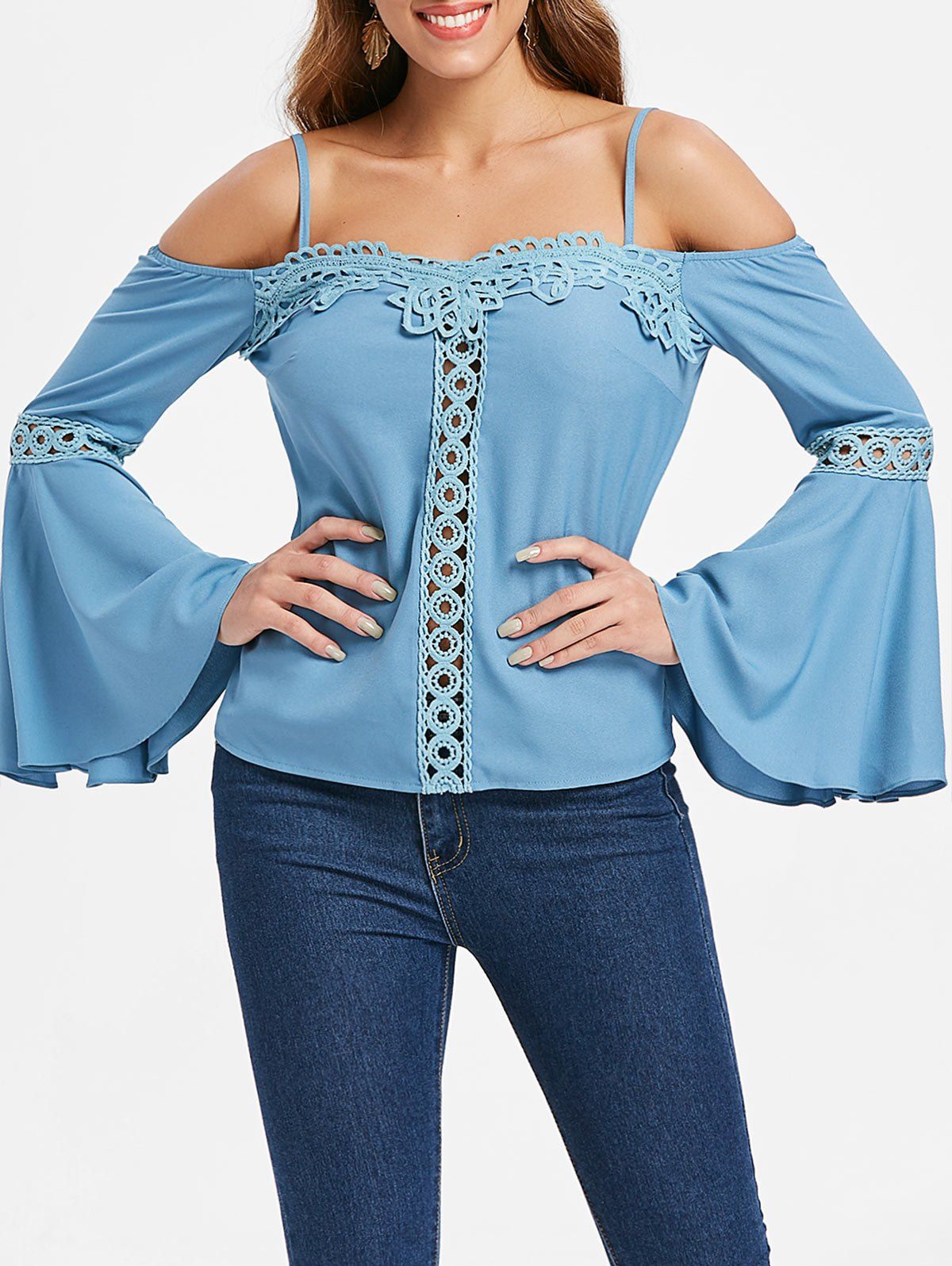 

Flare Sleeve Open Shoulder Blouse, Light sky blue