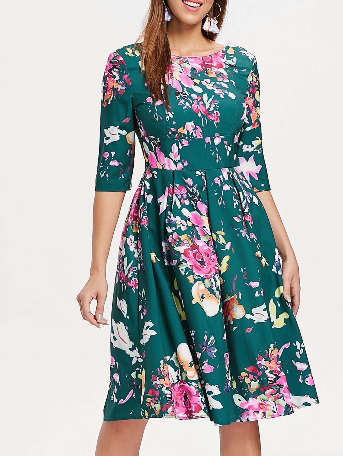 

Three Quarter Sleeve Floral Print Dress, Deep green