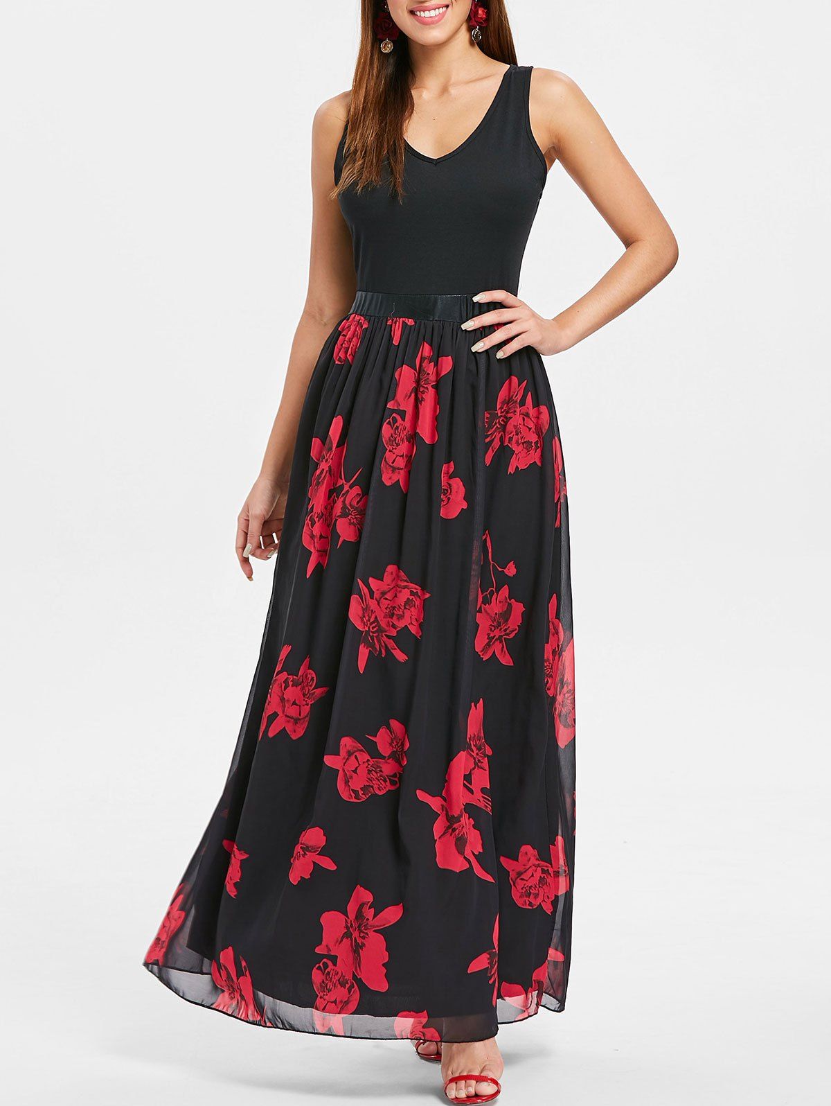 

V Neck Floral Maxi Dress, Black