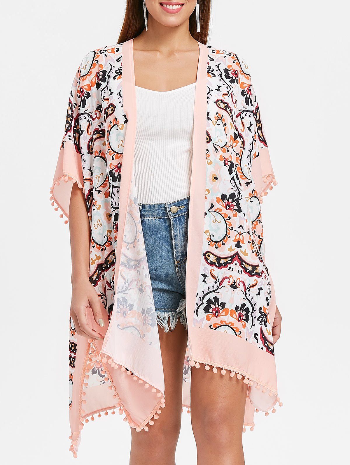 

Printed Pom Pom Trim Kimono, Multi