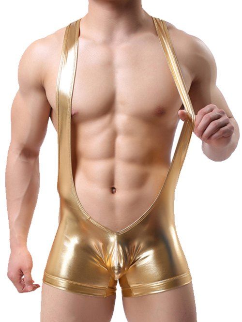 

Artificial Leather Suspender Bodysuit Strap Trunk, Golden brown