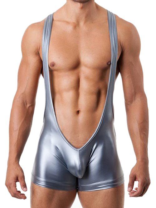 

Artificial Leather Suspender Bodysuit Strap Trunk, Silver