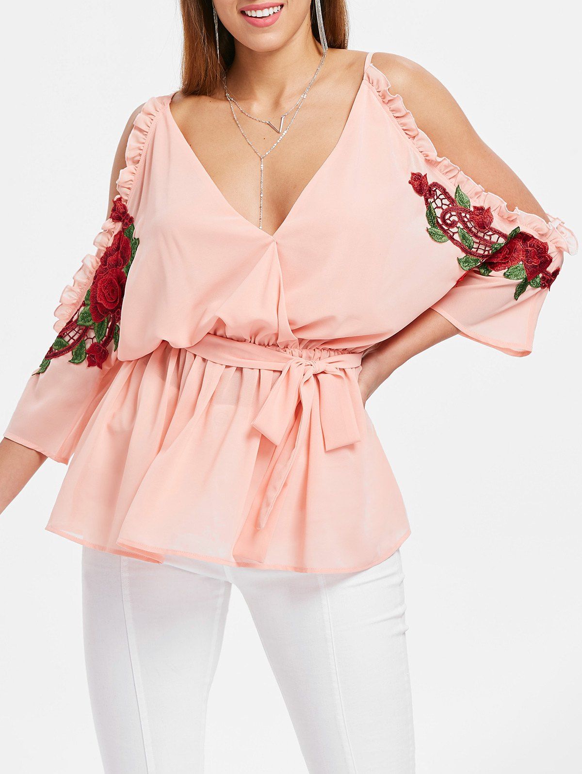 

Plunge Open Shoulder Embroidery Blouse, Light pink