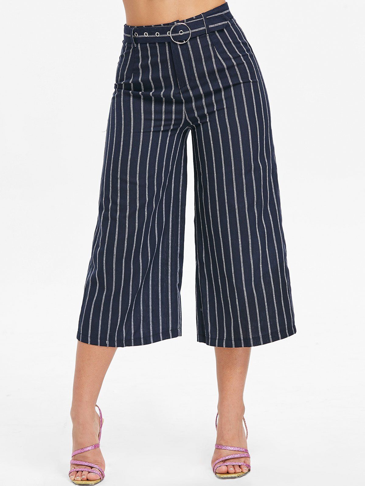 

High Waist Striped Capri Pants, Cadetblue