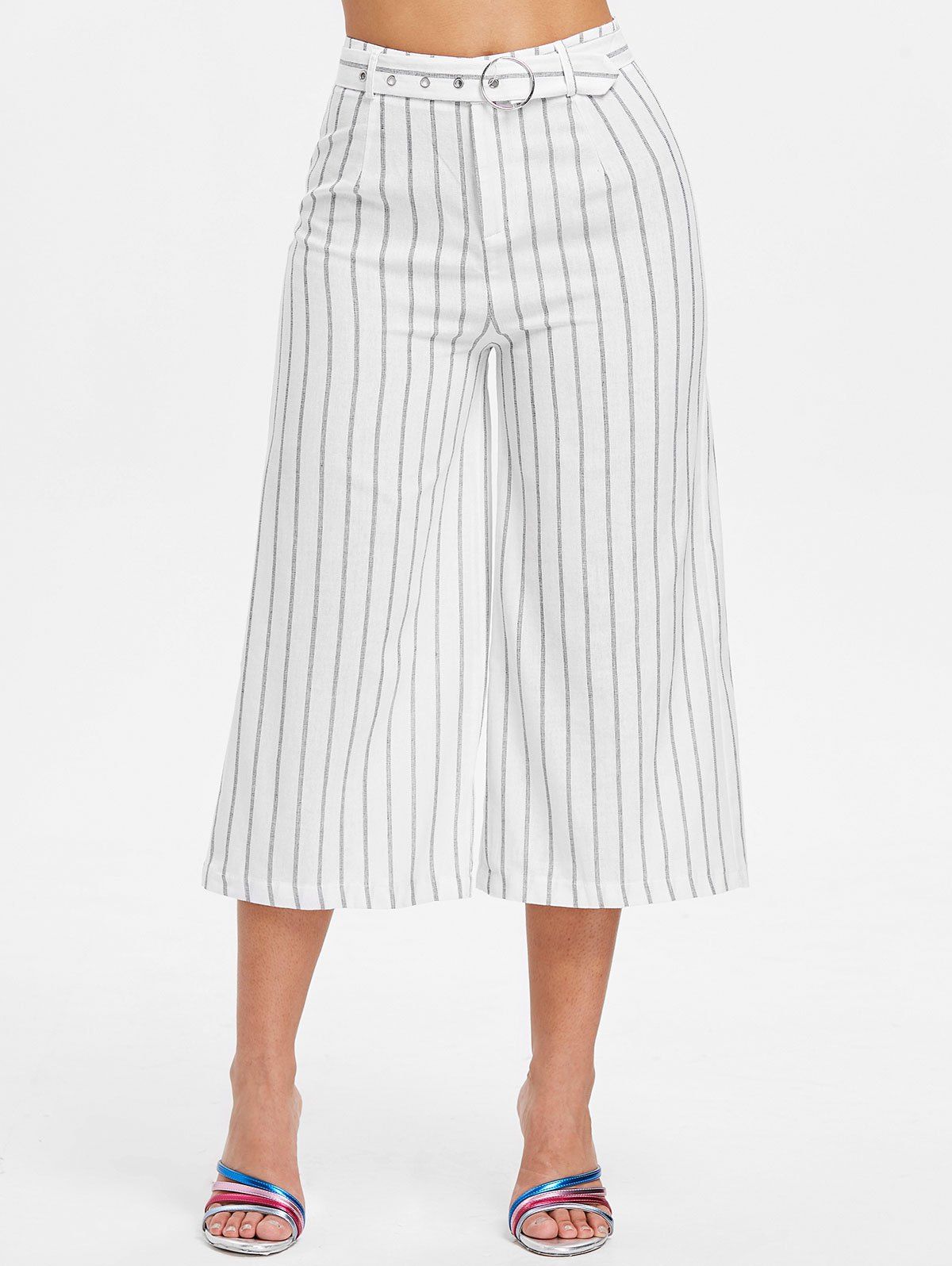 

High Waist Striped Capri Pants, White