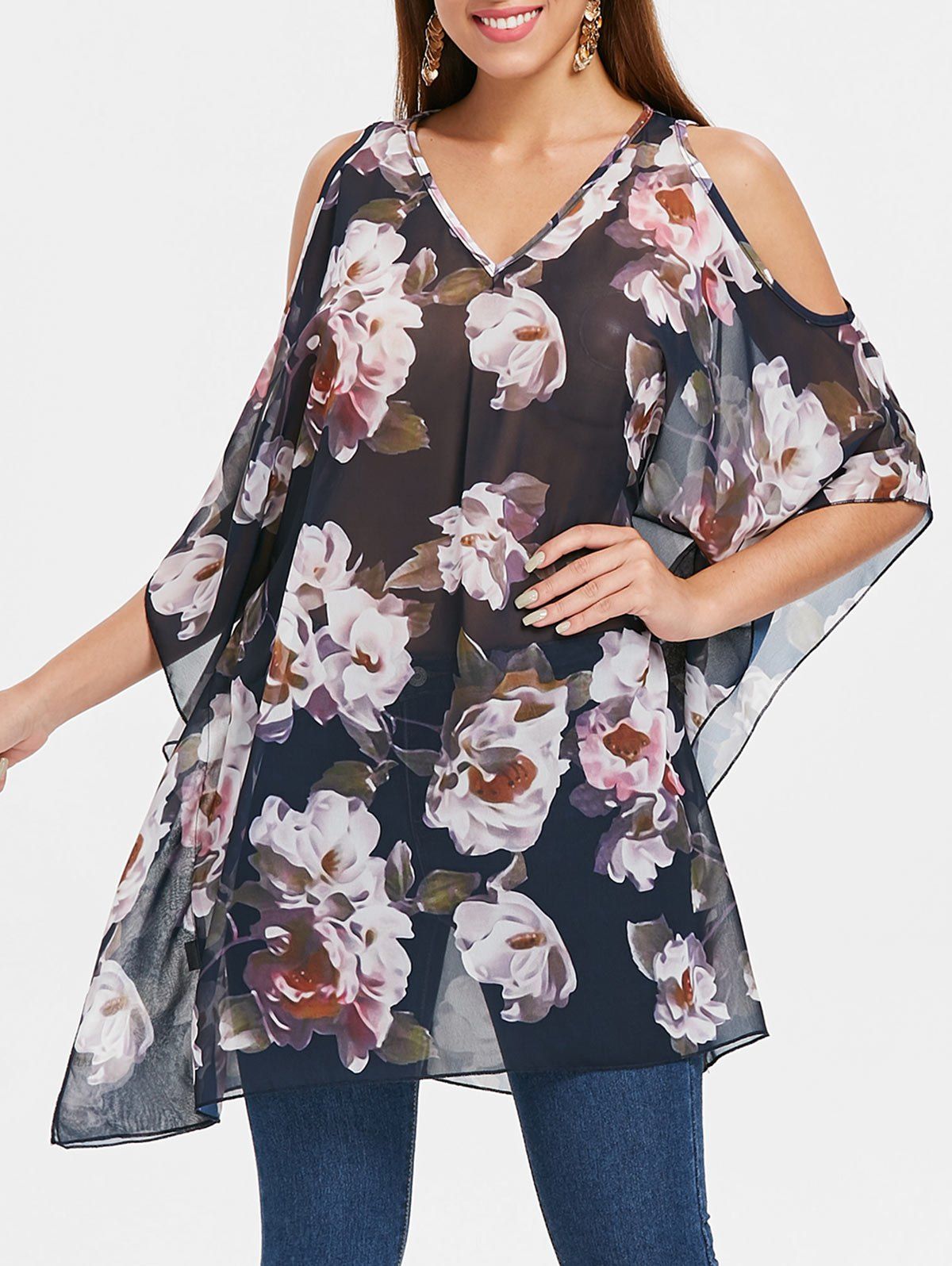 

V Neck Floral Print Blouse, Black
