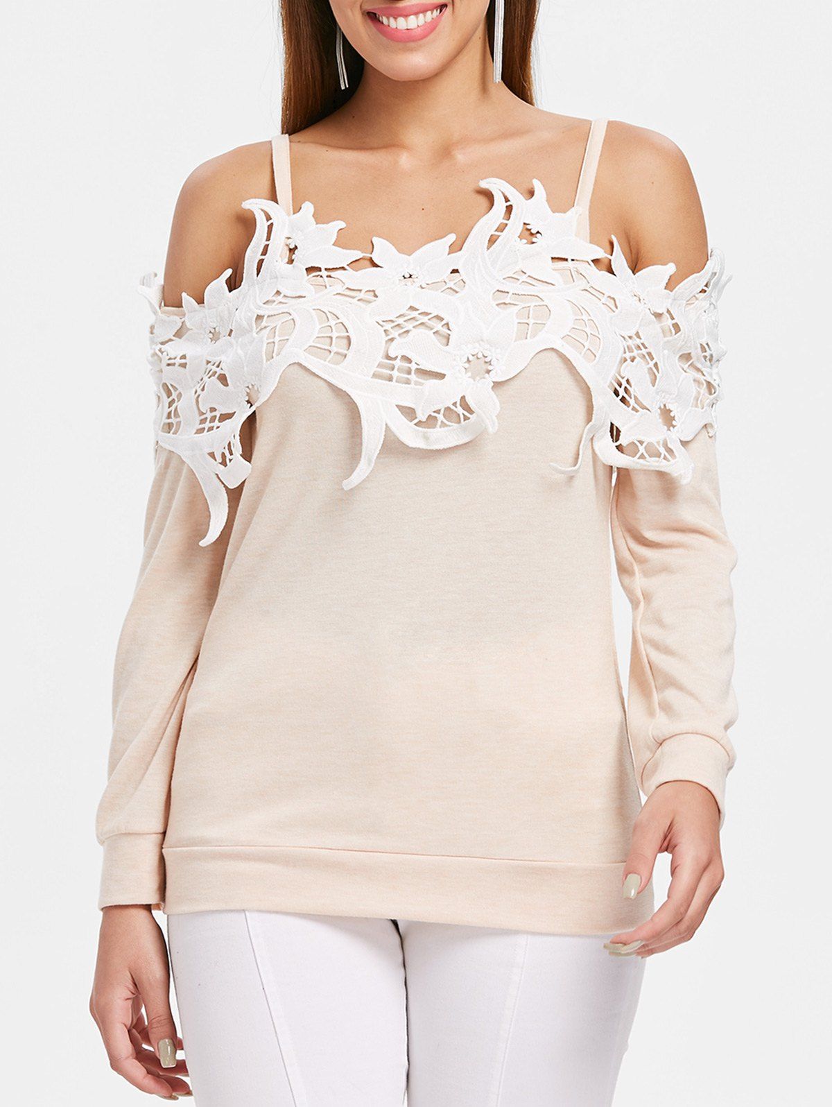 

Lace Brim Cold Shoulder Cuff Sleeve T-shirt, Warm white