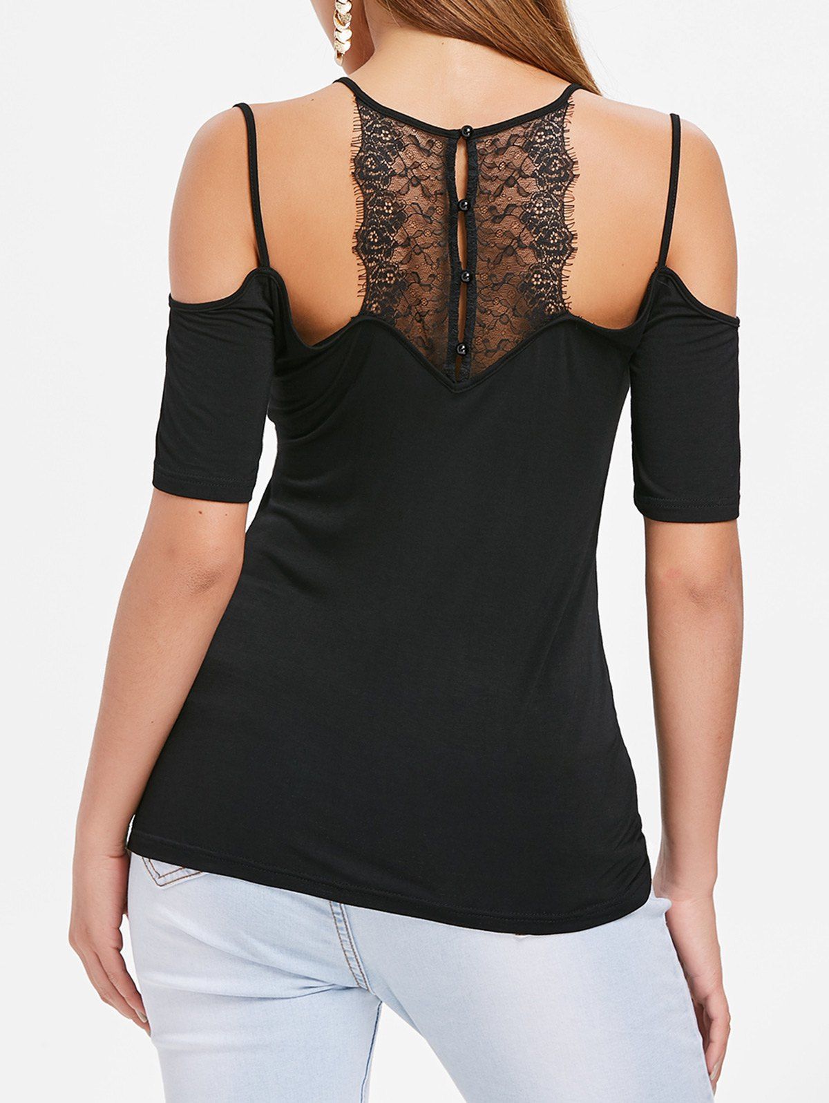 

Open Shoulder Sheer Lace Tee, Black