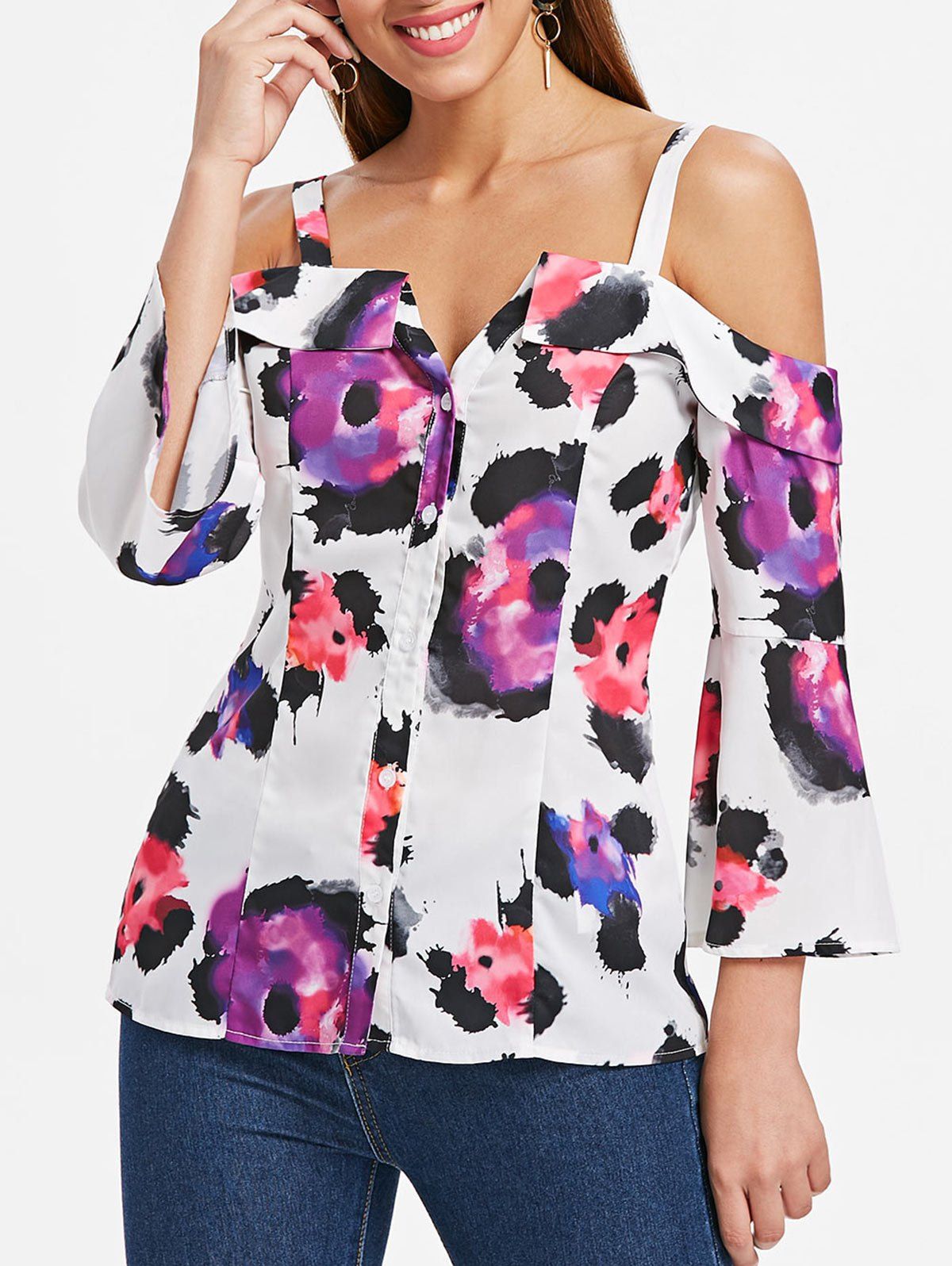 

Cold Shoulder Button Up Print Blouse, White