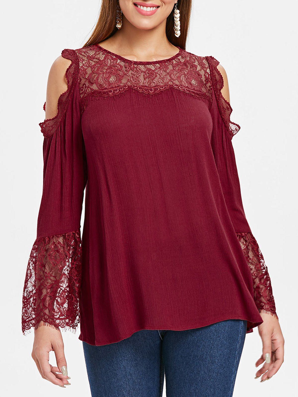 

Bell Sleeve Cold Shoulder Floral Lace Blouse, Red wine