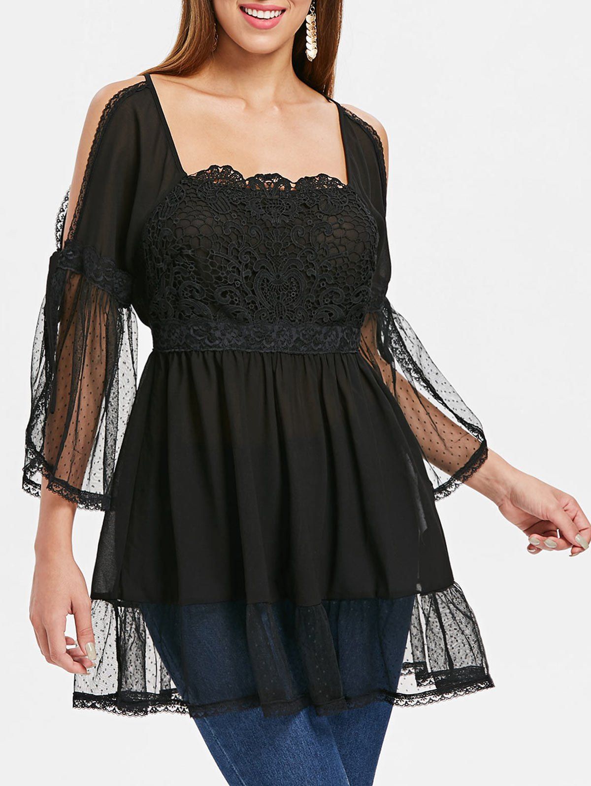

Cold Shoulder Mesh Flounced Peplum Blouse, Black