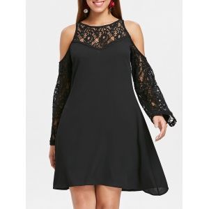 

Lace Panel Cold Shoulder Long Sleeve Dress, Black